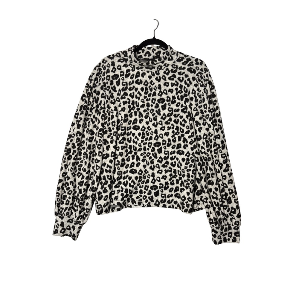 Sanctuary Top‎ XL White Leopard Mock Neck Balloon Sleeve Animal Print Chic Soft
